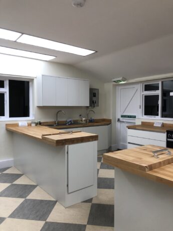 Kitchen at Parish Hall refurbished February 2025 work tops and sink